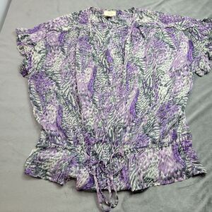 S Line Medium Womens Feather Print Purple & Gray Short Sleeve Blouse 100%...
